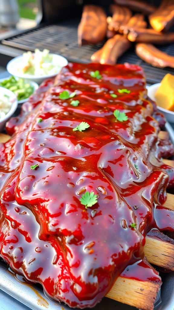 Delicious barbecue ribs coated in sauce on a platter with fresh parsley, surrounded by barbecue sides in an outdoor setting.